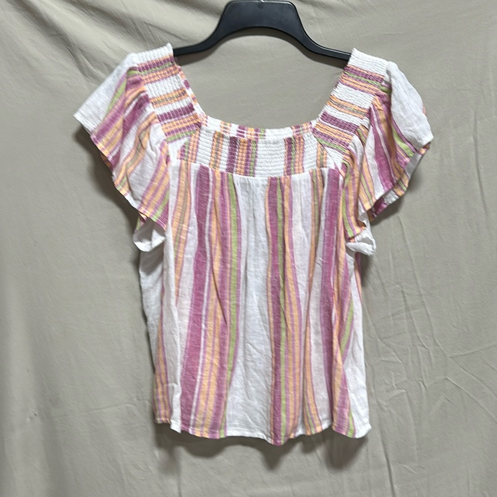 Rails Pink and White Smocked Blouse with Cap Sleeves